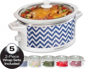 The Wrap & Serve™ Slow Cooker includes five unique wraps, and the control knob is on the side of the slow cooker so you can show off your favorite pattern. It is large enough to cook a 6 lb. chicken or 4 lb. roast, perfect for family dinners, parties or other large gatherings. Now you can have stylish and festive pattern options for this versatile appliance in your kitchen.